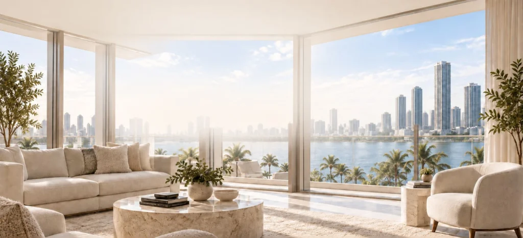 Bright living room with floor-to-ceiling windows overlooking the bay